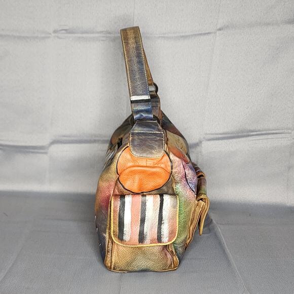 Anuschka Hand Painted Leather Satchel Multicolor Abstract Designs Shoulder Bag - Picture 6 of 12